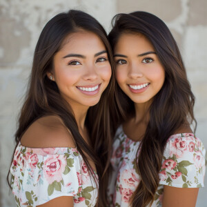 Cute twin Sisters 

A cute woman

Smiling 

Clothes: Floral Dres...