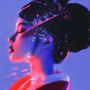 Capture a futuristic Geisha in a kimono made of quantum threads...