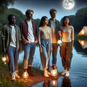 A group of young researchers with lanterns stand near the lake i...