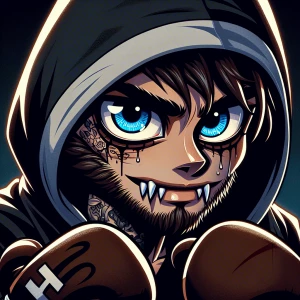 Create an image of a cartoon-style, highly detailed boxer wearin...