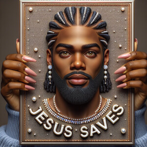 A 3D realistic artwork featuring the phrase 'Jesus Saves' adorne...