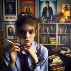 Schoolgirl smoking a cigarette in her bedroom.