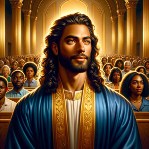 Illustrate an inspiring African-American Jesus crust with a dign...