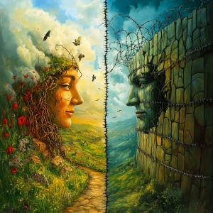 Create an image that depicts two parallel worlds: one brimming with prosperity and joy, characterized by lush landscapes, smiling faces, and an overall sense of well-being; the other riddled with barriers, high walls, and tangled barbed wires, symbolizing struggle and adversity.