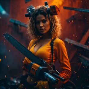 sexy woman with chainsaw and screwdriver