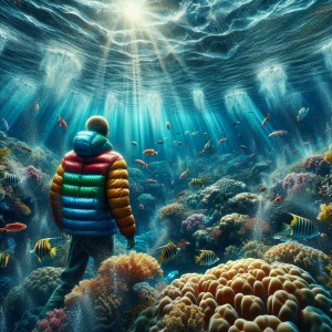 A man wearing a multi-colored puffy down jacket