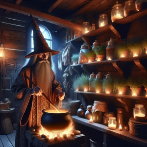 A witch stirring a bubbling cauldron in a cozy, dimly lit cottage, with shelves of herbs and glowing jars in the background.