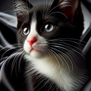 Close-up of an elegant tuxedo kitten featuring a vivid pink nose...