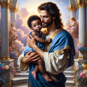 Classical oil painting style depicting an African-American Jesus...