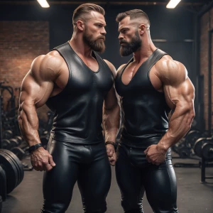 The image features two muscular bodybuilder men posing closely t...