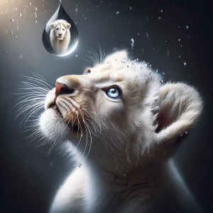 A young white lion cub with striking blue eyes gazes upwards at...