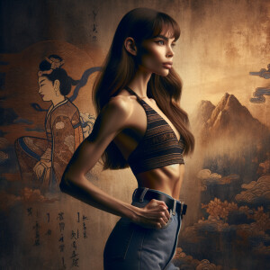 Athletic Thin skinny Attractive, Asian teenage girl, long brown hair and bangs, wearing tight skinny jeans and a halter top paint marks on her clothing, heroic pose Asian graffiti background, side view