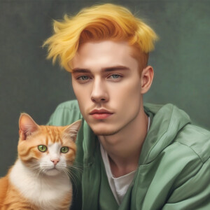 Man with yellow hair, green eyes, masculine.
On his head sitting...