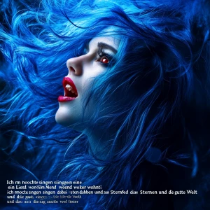 Create an image of a woman who has long, flowing blue hair and p...