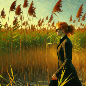 Photorealistic image. Ginger haired woman, fair skin walking in...