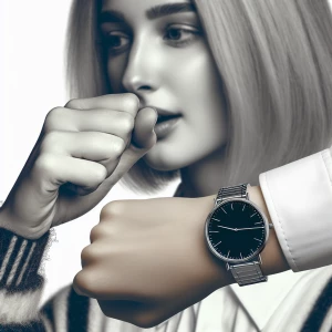 Young blonde woman coughing and wearing a watch