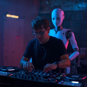 Anyma, a DJ, is positioned in front of his high-tech DJ equipmen...