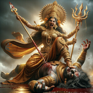 portrait of angry looking, indian goddess straddling a defeated...