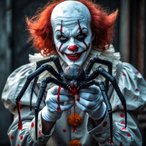 Sinister clown with white and black face paint is holding a lif...