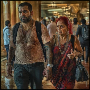 Photorealism,fantasy.A sweaty beefy man walking with his 54 year...