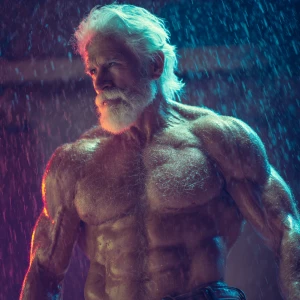 60-year-old man, ginger-white hair color, chest hair, in the rai...