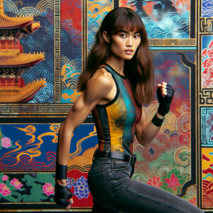 Very thin Athletic Thin skinny Attractive, Asian teenage girl, long brown hair and bangs, wearing tight skinny jeans and a halter top paint marks on her clothing, sitting side view heroic pose Asian graffiti