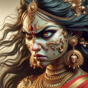 Side view portrait of gorgeous and angry goddess durga. intricately detailed depiction of a goddess. gold jewelry all over body. sharp nose, light skin, beautiful brown eyes, wavy black hair, ultra detailed face. Wearing red saree, a lot of ear piercings, uhd, hdr, 64k, epic scene. Photography, ultra detailed face, epic, 8K