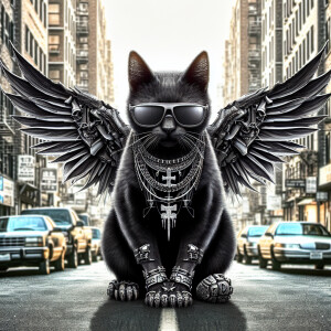 A menacing black cat, with wings,  shades and hip-hop clothing a...