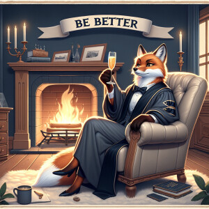 A studious female fox sitting in a leather recliner. Toasting wi...