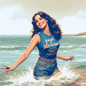 Create a realistic color snapshot from 1972 of a beautiful, brun...