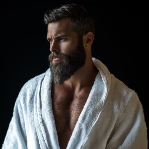 Silver man beard hairy chest white bathrobe