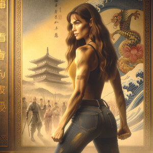 Athletic Thin skinny Attractive, Asian teenage girl, long brown hair and bangs, wearing tight skinny jeans and a halter top paint marks on her clothing, heroic pose Asian graffiti background, backside view