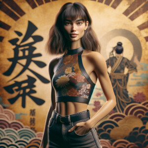 Athletic Thin skinny Attractive, Asian teenage girl, long brown hair and bangs, wearing tight skinny jeans and a halter top paint marks on her clothing, heroic pose Asian graffiti background, backside view