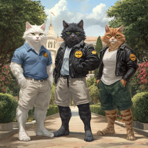 Image is a hyper realistic featuring three anthropomorphic cats...