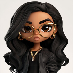 Brown Betty Boop with long wavy hair wearing glasses and urban w...