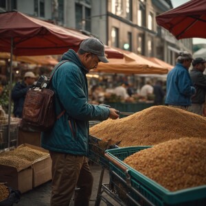 A man searches for chicken at a bustling farmers' market for his...