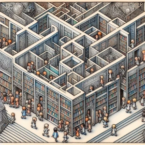 Create an MC Escher-inspired crayon drawing depicting a school library scene where twenty children are navigating through the aisles of bookshelves, intended for use as an intricate border surrounding a solid square reserved for text in an infographic.