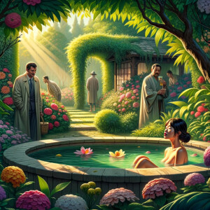 "Envision a serene and secluded garden, flourishing with an abundance of flowers and lush greenery, where a fountain or natural pool serves as the centerpiece. It's a peaceful oasis bathed in warm sunlight, the air perfumed with the scent of blooming flora. In this tranquil haven, a woman is depicted taking a discreet bath, her modesty protected by the natural elements of the garden.
Unbeknownst to her, in the shaded periphery of the garden, two men emerge, their expressions betraying a mix of fascination and deceptive intent, caught in the act of spying on the unsuspecting woman. The scene is set to capture the contrast between the woman's innocent communion with nature and the intrusion of the voyeuristic figures, introducing a narrative tension that speaks to themes of privacy, virtue, and betrayal."