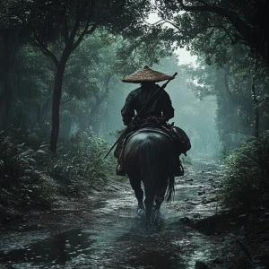 Create a realistic image of a straw hat swordsman riding a horse through a rainy forest with a third-person view and soft dusky light. Cinematic style. High definitions.