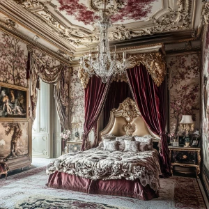 photo of a baroque palace bedroom with canopy bed, baroque class...