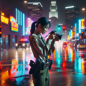 A deputy sheriff clad in a rain-soaked uniform taking high-resol...
