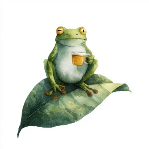 Happy frog sipping tea on a leaf, soft green tones, isolated on...