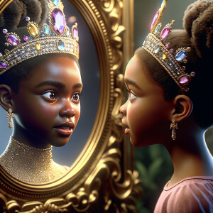 In a 3-D realistic world, a beautiful African-American child stands before a mirror. Her eyes widen as she gazes at her reflection, for the mirror reveals not just her own image but a majestic adult queen. The queen’s skin glows with regal elegance, her features exuding grace and wisdom. She wears a crown adorned with shimmering jewels, each gem reflecting the light like a thousand stars.
The child’s wonder deepens as she realizes that the queen in the mirror is none other than her future self—a powerful ruler who wears her heritage with pride. The mirror whispers secrets of destiny, urging her to embrace her potential and become the queen she sees.
And there, in this magical moment, the child and the queen share a silent pact: to honor their roots, uplift their people, and wear their crowns with unyielding strength.