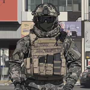 A character in a military setting, wearing a full camouflage com...
