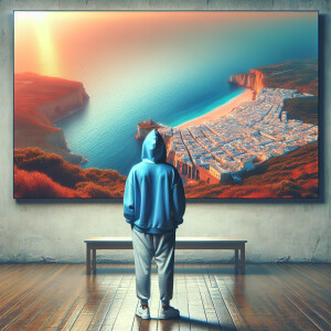 A person from behind, wearing a blue hoodie and grey sweatpants,...