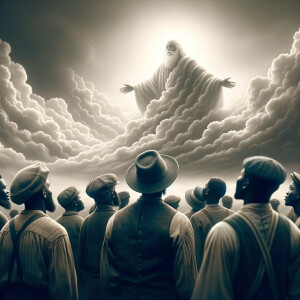 Black slaves looking up at a cloud forming into Jesus, HD, 4K, 8...