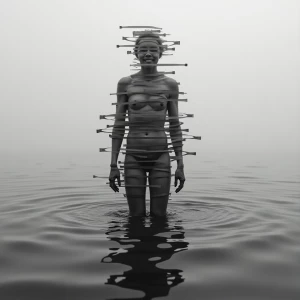 (MonoCrazy Aesthetic) A suspended figure, body wrapped in glitch...