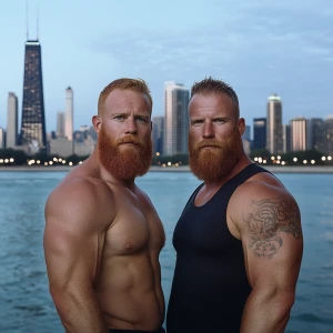 Mike and Alex, two master builders in their 30s with sculpted mu...