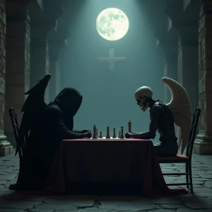 Grim Reaper is sitting at a table playing chess  against an ange...