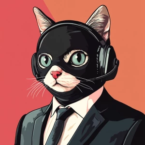 A cat dressed in a formal outfit, featuring a black suit, white...